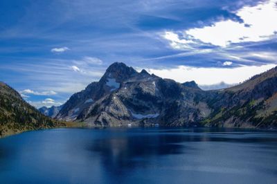 Scenic view of lake by mountains against sky