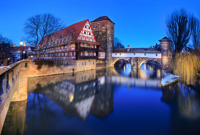 Reflection of bridge over river in city at dusk