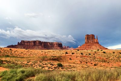 Scenic view of rocky mountains at monument valley