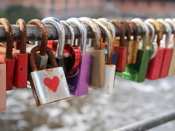 Close-up of padlocks hanging on railing