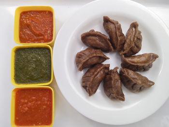 High angle view of breakfast served on table