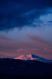 Scenic view of snowcapped mountains against dramatic sky