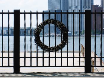 Memorial wreath for victims of 9-11 attack on the world trade center, placed by anonymous mourner.