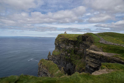 Scenic view of sea and rock formation against sky