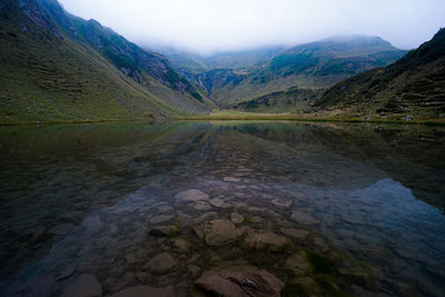 Scenic view of lake and mountains against sky