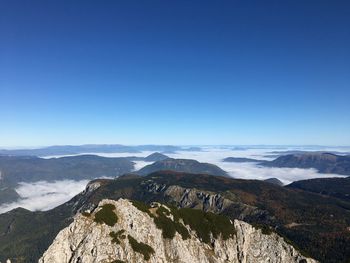 Scenic view of mountains against clear blue sky