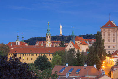 Low angle view of capuchin monastery against evening blue sky on june 30th, 2017 in prague. 