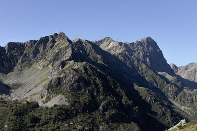 Scenic view of rocky mountains against clear sky