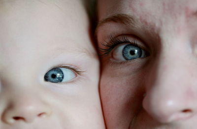 Extreme close-up portrait of mother and son