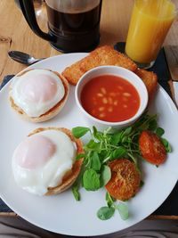 High angle view of breakfast served on table