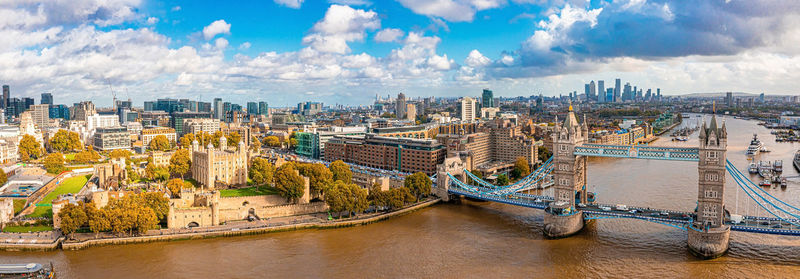 Aerial panoramic cityscape view of the london tower bridge