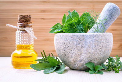 Close-up of herbs in mortar