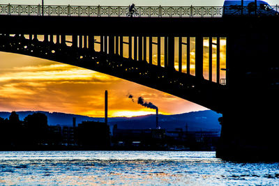Silhouette bridge over river against sky during sunset