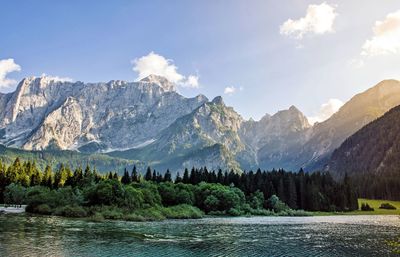 Scenic view of lake and mountains against sky