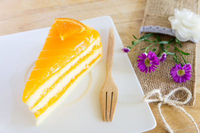 High angle view of dessert on table