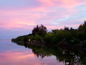 Scenic view of lake against sky at sunset