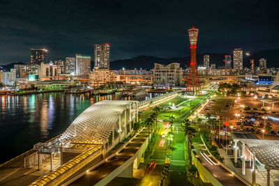 High angle view of illuminated city at night