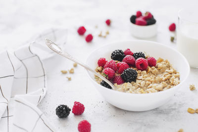 High angle view of breakfast served in bowl on table