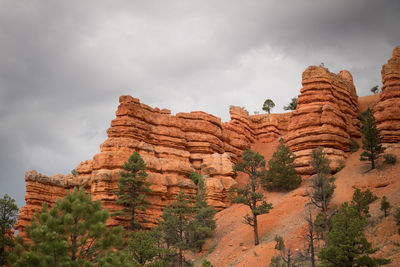 Low angle view of rock formations against cloudy sky at dixie national forest