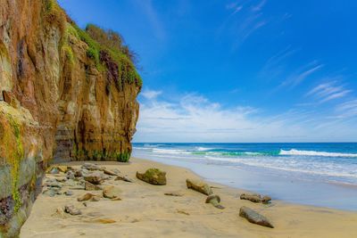 Scenic view of beach against blue sky