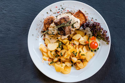 High angle view of meal served on table