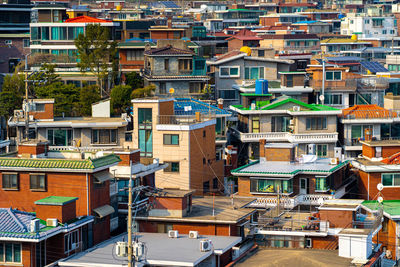 High angle view of buildings in city