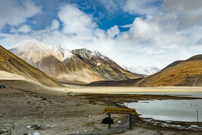 Scenic view of snowcapped mountains against sky