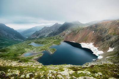 Scenic view of lake amidst mountains against sky