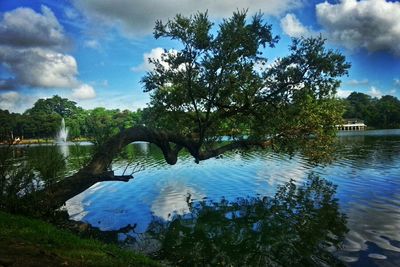 Scenic view of lake against cloudy sky