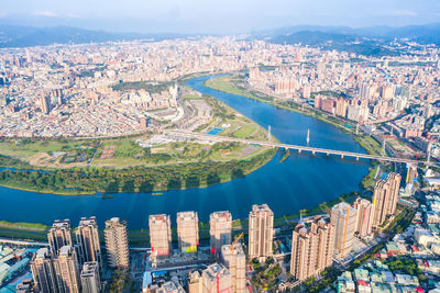 High angle view of city buildings