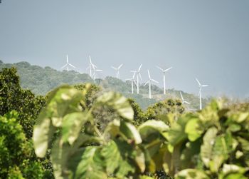 Close-up of wind turbines on field against sky