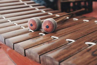 High angle view of mallet on xylophone