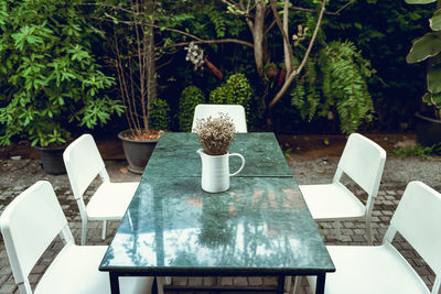 Empty chairs and tables in yard