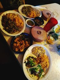 High angle view of meal served on table