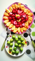 High angle view of fruits in bowl on table