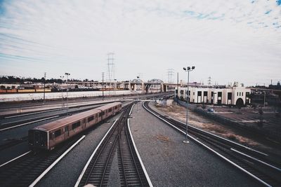 Railroad tracks on railroad station platform