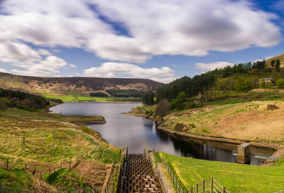 Scenic view of river against cloudy sky