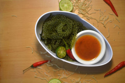 High angle view of pasta in bowl on table