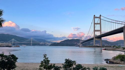 View of suspension bridge over river