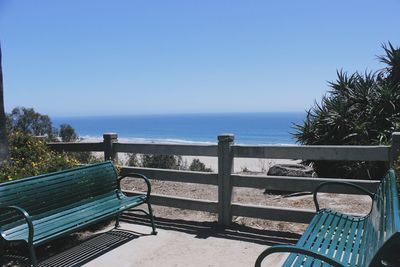 Scenic view of sea against clear blue sky