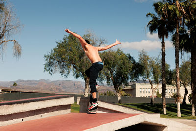 Skateboarder doing a trick in a skate park