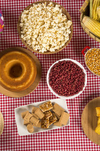 High angle view of breakfast on table