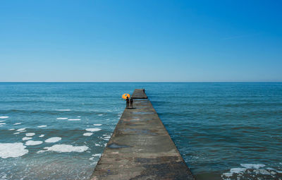 Rear view of people on sea against clear blue sky