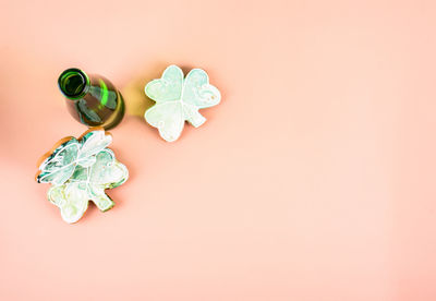 High angle view of leaf on table against wall