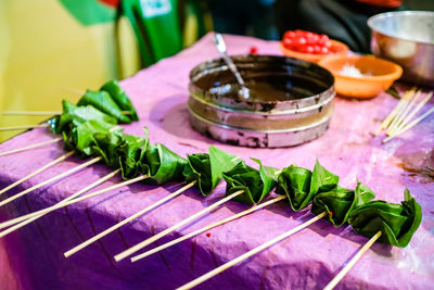 Close-up of food served on table