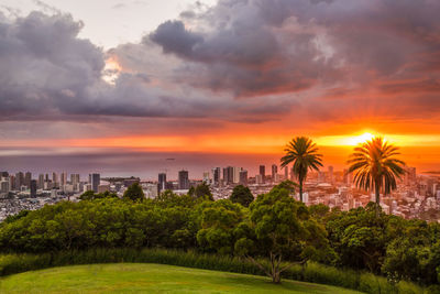 Scenic view of trees and buildings against sky during sunset