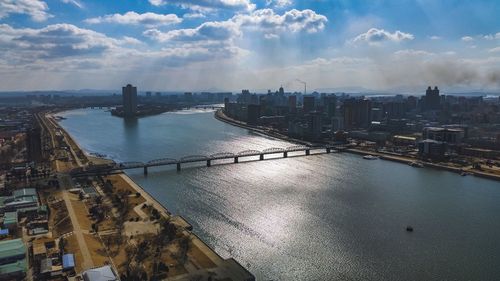 High angle view of bridge over river against sky