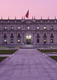 Facade of building at dusk