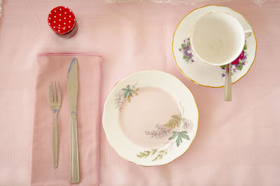 High angle view of tea served on table