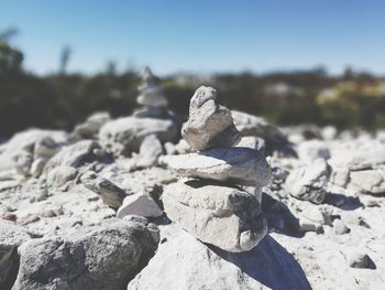 Close-up of stone stack on rock